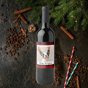 Red Buffalo Plaid & Merry Woofmas With Dog Photo Wine Label