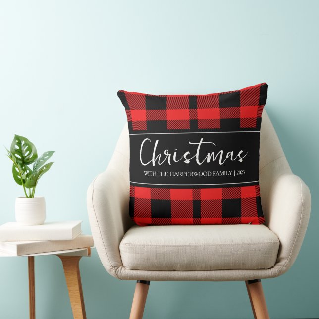 Red Buffalo Plaid Minimalist Christmas Family Name Cushion (Chair)