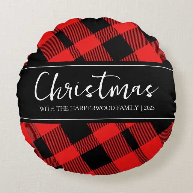 Red Buffalo Plaid Minimalist Christmas Family Name Round Cushion (Front)