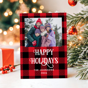 Red Buffalo Plaid Modern Decorative Happy Holiday Card