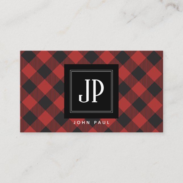 Red Buffalo Plaid Monogram Business Card (Front)