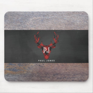 Red Buffalo Plaid Monogram Deer Head Mouse Pad
