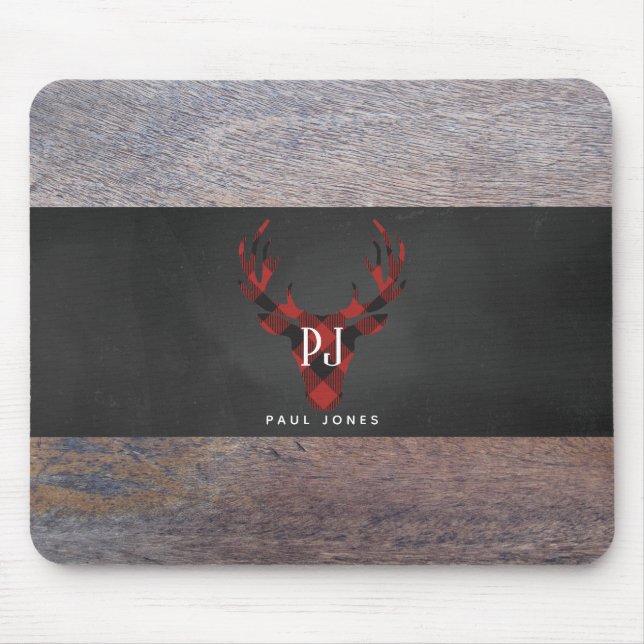 Red Buffalo Plaid Monogram Deer Head Mouse Pad (Front)
