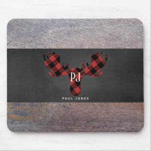 Red Buffalo Plaid Monogram Moose Head Mouse Pad