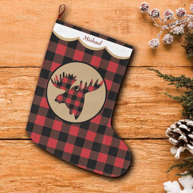 Red Buffalo Plaid Moose Head Personalised Large Christmas Stocking (Creator Uploaded)