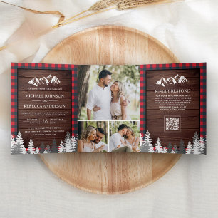 Red Buffalo Plaid Mountain QR Code Wood Wedding Tri-Fold Invitation