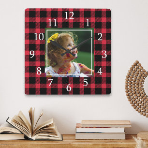 Red Buffalo Plaid One Photo Rustic Farmhouse Square Wall Clock