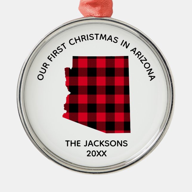Red Buffalo Plaid Our 1st Christmas in Arizona Metal Tree Decoration (Front)
