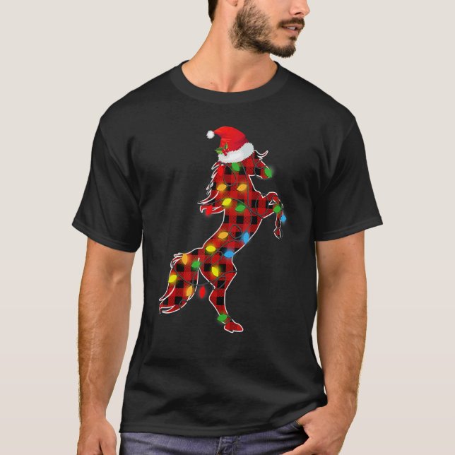 Red Buffalo Plaid Pajama Horse Santa Hat Christmas T-Shirt (Front)