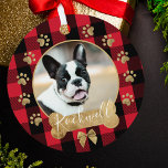 Red Buffalo Plaid Pattern Gold Bow Family Photo Metal Tree Decoration<br><div class="desc">Add a cosy and warm charm to your Christmas tree with our Pet photo metal ornament featuring a cosy and warm red buffalo plaid pattern background. Circle photo frame with a festive faux gold bow and bone. Customise with your pets name & photo. Designed by Moodthology Papery</div>