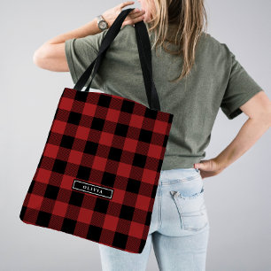 Red Buffalo Plaid Pattern Monogrammed Bridesmaid Tote Bag