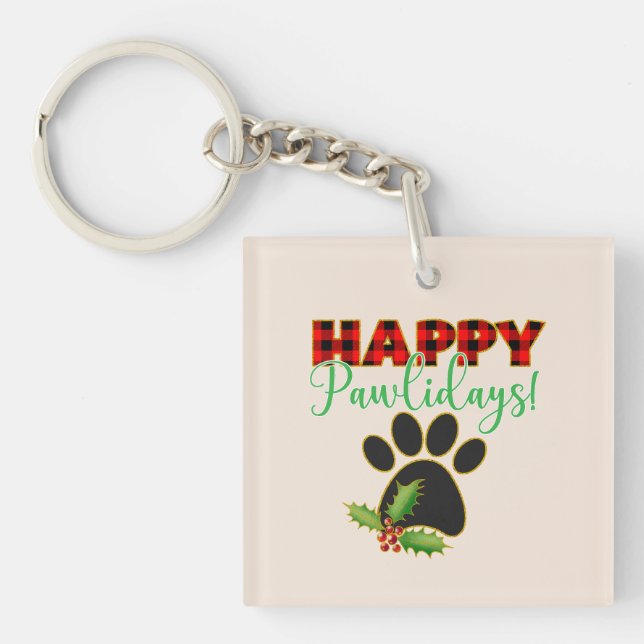 Red Buffalo Plaid Paw Print Christmas Key Ring (Front)
