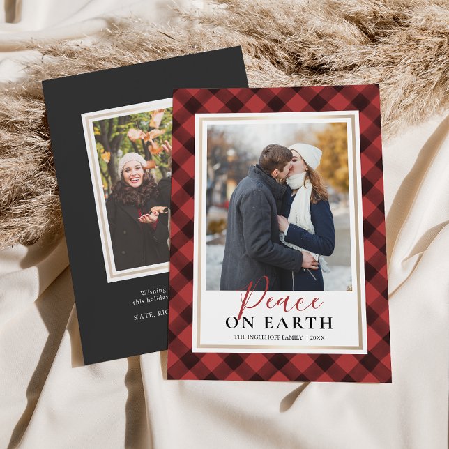 Red Buffalo Plaid Peace On Earth Photo Holiday Card (Creator Uploaded)