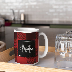 Red Buffalo Plaid Personal Initial Gift Coffee Mug