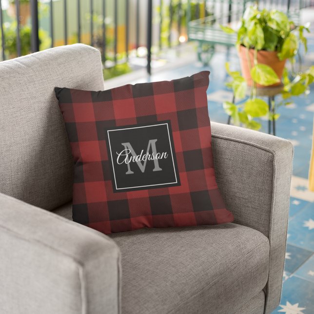 Red Buffalo Plaid | Personal Initial | Gift Cushion (Creator Uploaded)