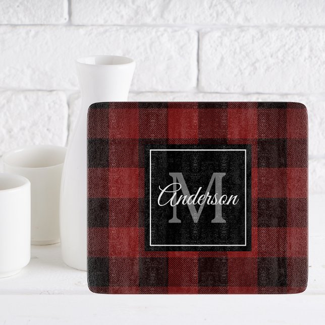 Red Buffalo Plaid | Personal Initial | Gift Cutting Board (Creator Uploaded)