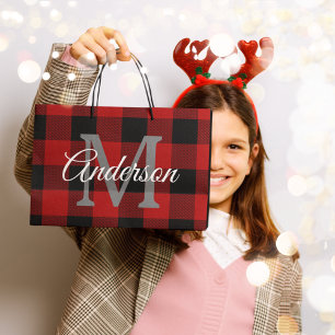 Red Buffalo Plaid   Personal Initial   Gift Large Gift Bag