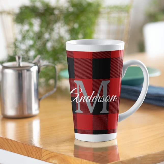 Red Buffalo Plaid | Personal Initial | Gift Latte Mug (Creator Uploaded)