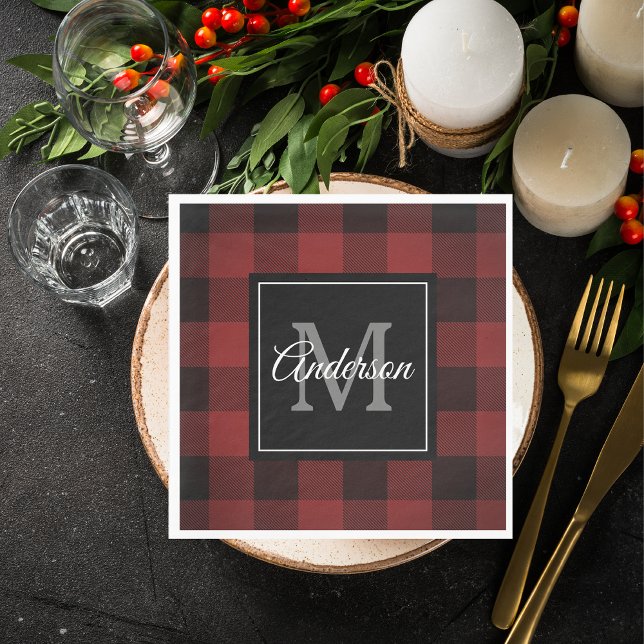 Red Buffalo Plaid | Personal Initial | Gift Napkin (Creator Uploaded)