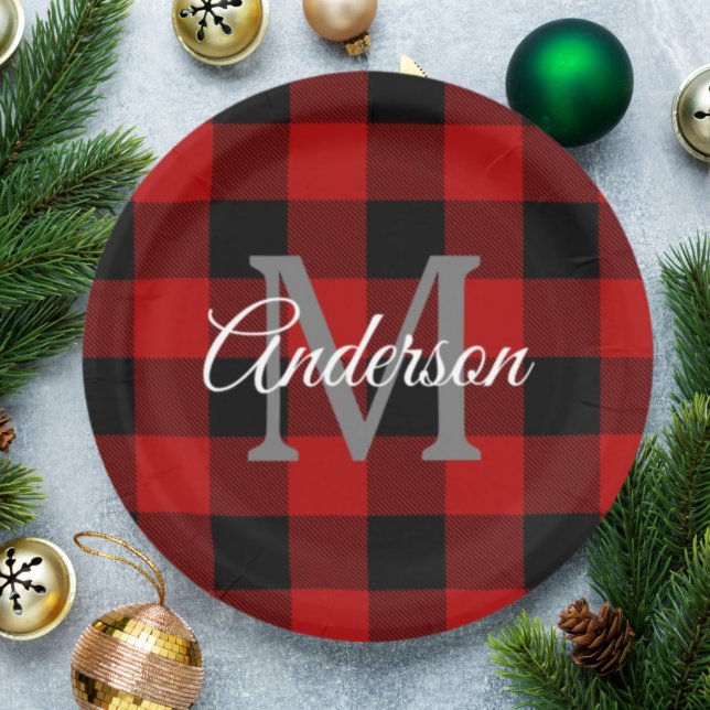 Red Buffalo Plaid | Personal Initial | Gift Paper Plate (Creator Uploaded)