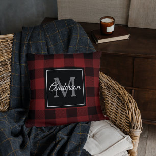 Red Buffalo Plaid   Personal Initial   Gift Throw  Cushion