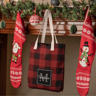 Red Buffalo Plaid   Personal Initial   Gift Tote Bag