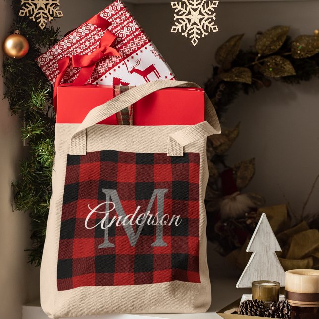 Red Buffalo Plaid | Personal Initial | Gift Tote Bag (Creator Uploaded)