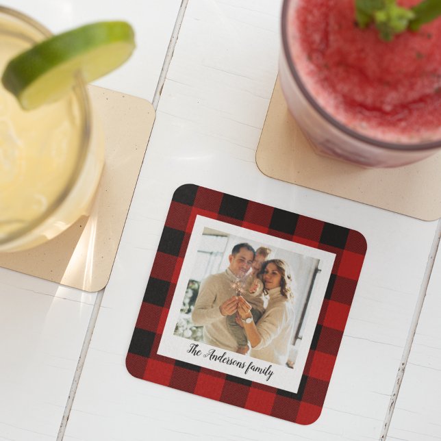 Red Buffalo Plaid & Personal Name And Photo Glass Coaster (Creator Uploaded)