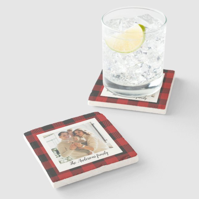 Red Buffalo Plaid & Personal Name And Photo Stone Coaster (Side)
