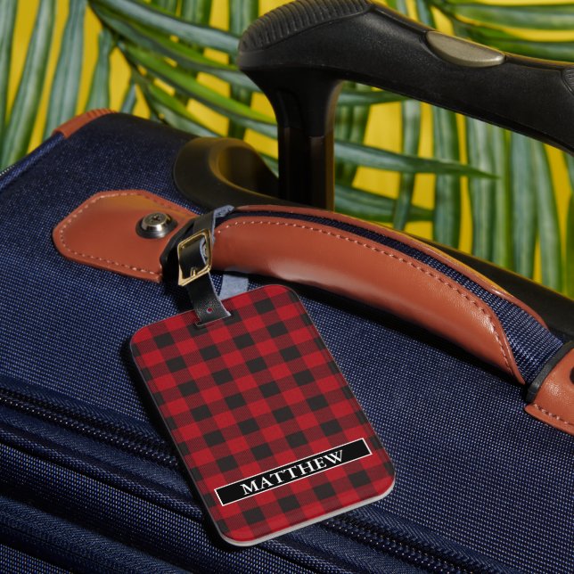 Red Buffalo Plaid Personalised Name Luggage Tag (Front Insitu 1)