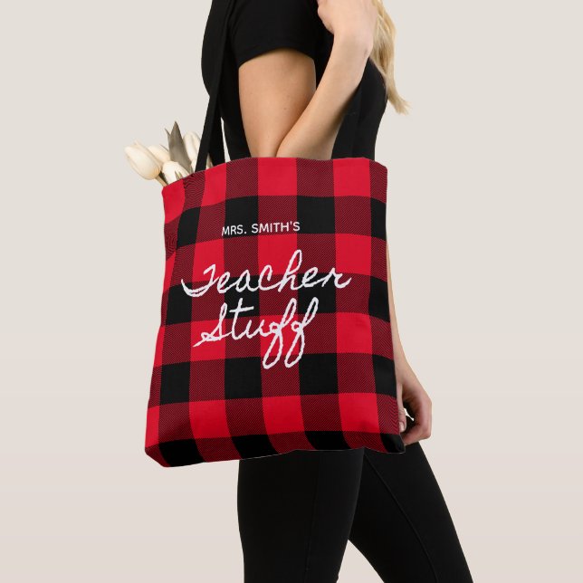 Red Buffalo Plaid Personalised Teacher Stuff Tote Bag (Close Up)