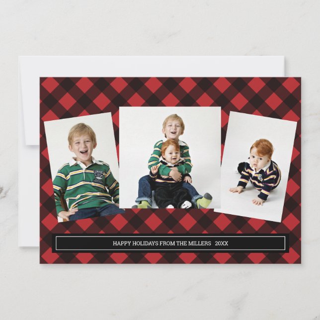 Red Buffalo Plaid Photo Collage Card for Christmas (Front)