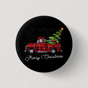 Red Buffalo Plaid Pickup Truck with Tree Merry Chr 3 Cm Round Badge