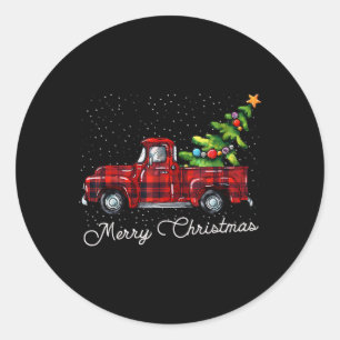 Red Buffalo Plaid Pickup Truck with Tree Merry Chr Classic Round Sticker