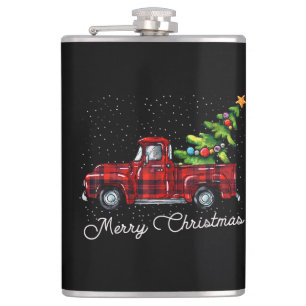 Red Buffalo Plaid Pickup Truck with Tree Merry Chr Hip Flask