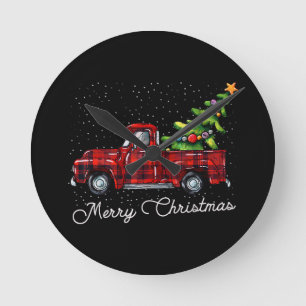 Red Buffalo Plaid Pickup Truck with Tree Merry Chr Round Clock