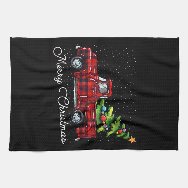 Red Buffalo Plaid Pickup Truck with Tree Merry Chr Tea Towel (Horizontal)