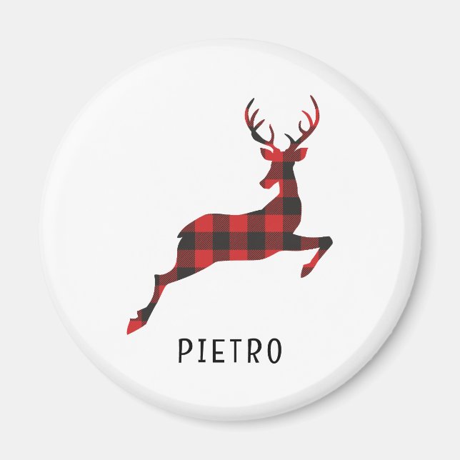 Red Buffalo Plaid Reindeer Christmas Monogram Magnet (Front)