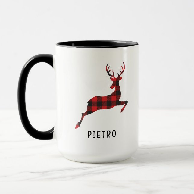 Red Buffalo Plaid Reindeer Christmas Monogram Mug (Left)