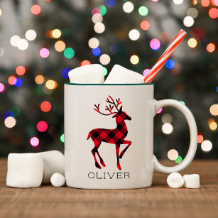 Red Buffalo Plaid Reindeer Christmas Monogram Two-Tone Coffee Mug
