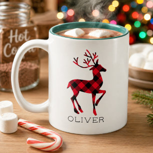Red Buffalo Plaid Reindeer Christmas Monogram Two-Tone Coffee Mug