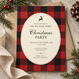 Red Buffalo Plaid Reindeer Christmas Party Invitation