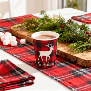 Red Buffalo Plaid & Reindeer   Personal Name Gift  Paper Cups