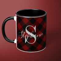 Red Buffalo Plaid Rustic Monogram Name