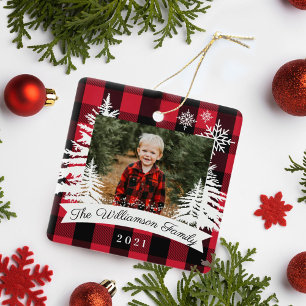 Red Buffalo Plaid Rustic Pine Trees Family Photo Ceramic Ornament