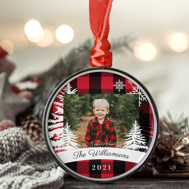 Red Buffalo Plaid Rustic Pine Trees Family Photo Metal Tree Decoration (Red Buffalo Plaid Rustic Pine Trees Family Photo Metal Ornament)