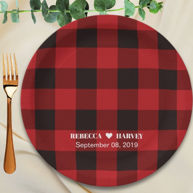 red buffalo plaid rustic winter wedding party paper plate (red buffalo plaid rustic winter wedding party paper plates)