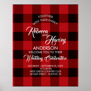 red buffalo plaid rustic winter wedding welcome poster