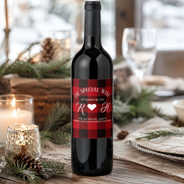 red buffalo plaid rustic winter wedding wine label (red buffalo plaid rustic winter wedding wine label)
