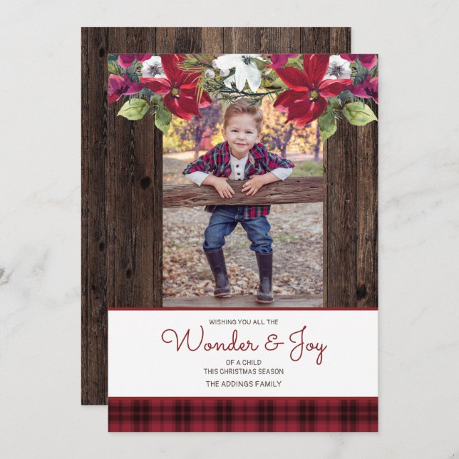 Red Buffalo Plaid Rustic Wood Poinsettia Christmas Invitation (Front/Back)